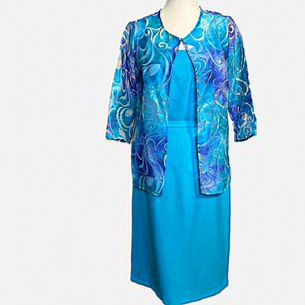 K Studio Collection Vintage 3 Piece Blue tank top w/ skirt and vibrant sheer top